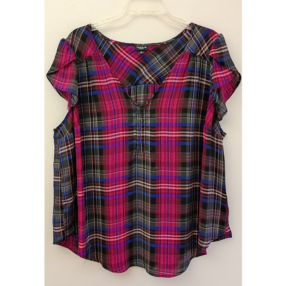 torrid Tops - Torrid Harper Blouse Pink Plaid Flutter Sleeve V-Neck Georgette Top 2X Preppy